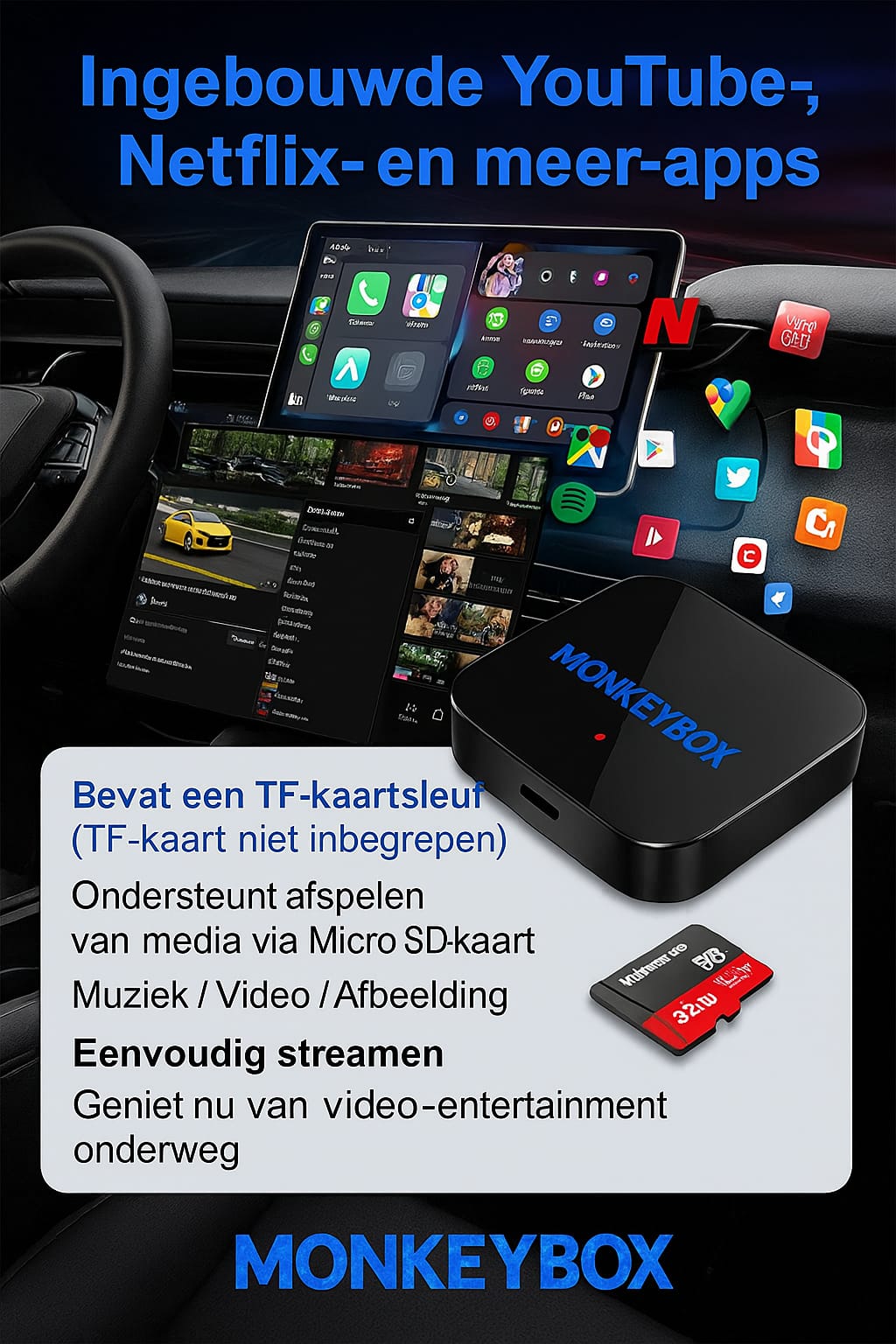 MonkeyBox – Draadloze CarPlay & Android Auto met Netflix & YouTube