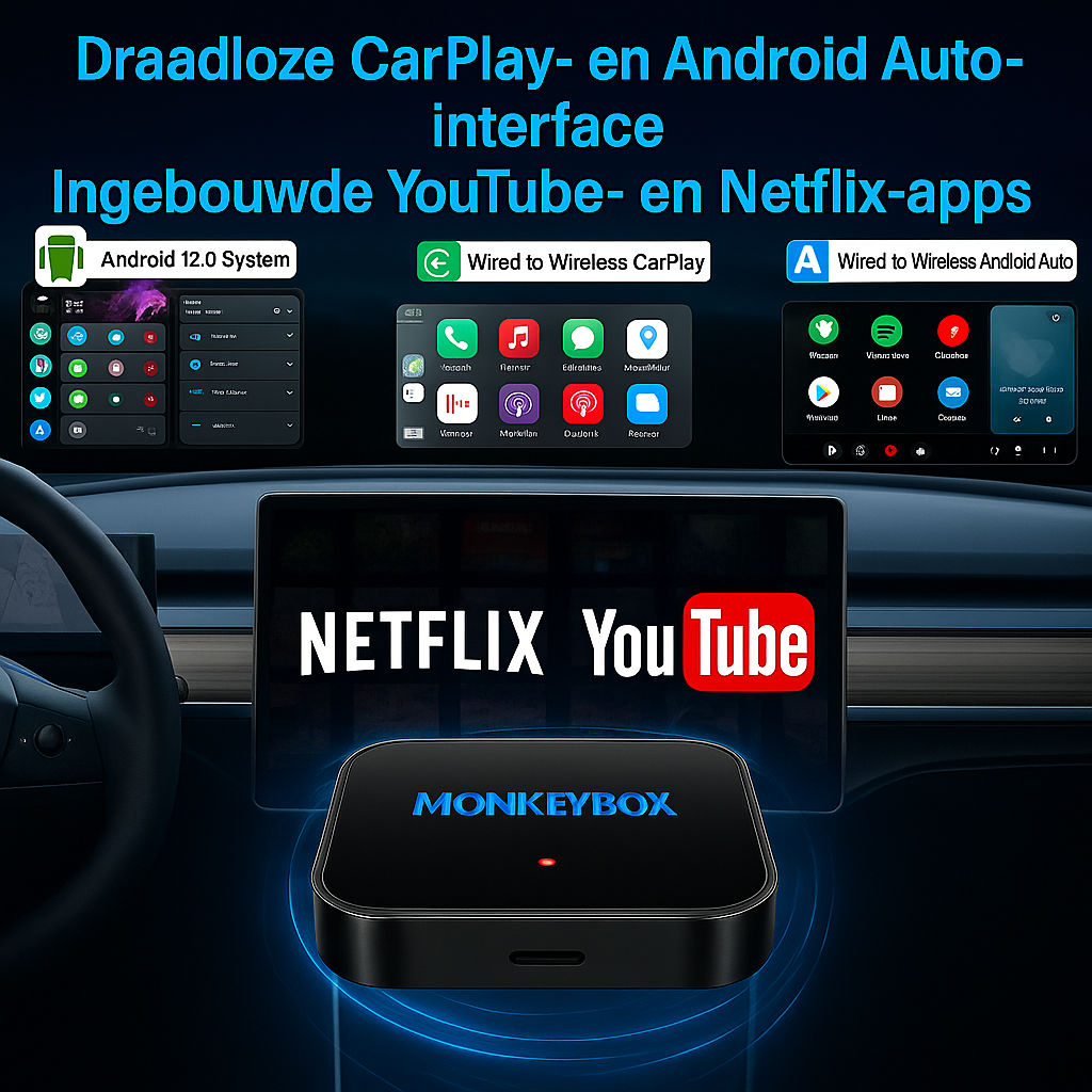 MonkeyBox – Draadloze CarPlay & Android Auto met Netflix & YouTube