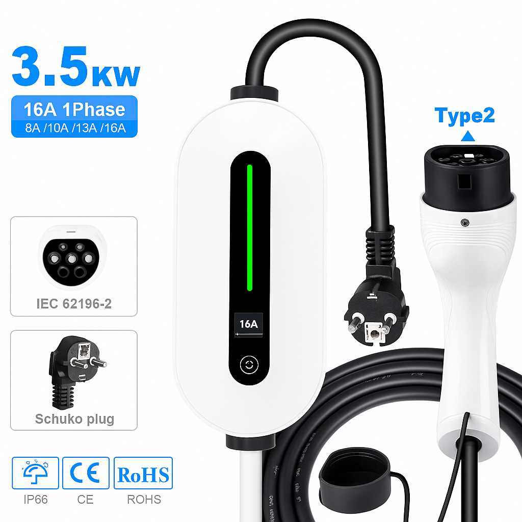 Mobiele EV lader 3.7kW Type 2 wit Schuko plug & play