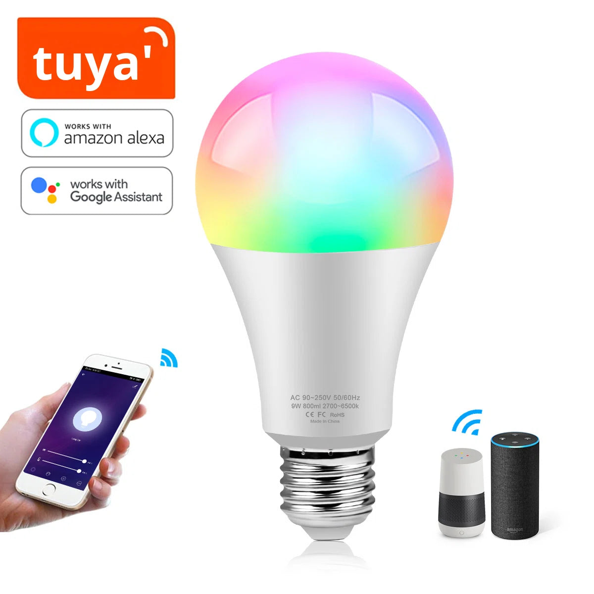 E27 Smart LED Lamp RGB + CCT (WiFi) – Dimbaar – Tuya Smart Life – Alexa & Google