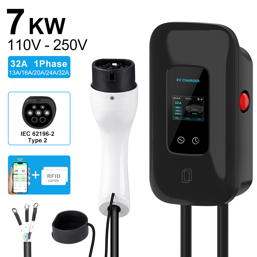 Cargador EV 7kW Wallbox Negro – 32A Monofásico – Tipo 2 – Control por App