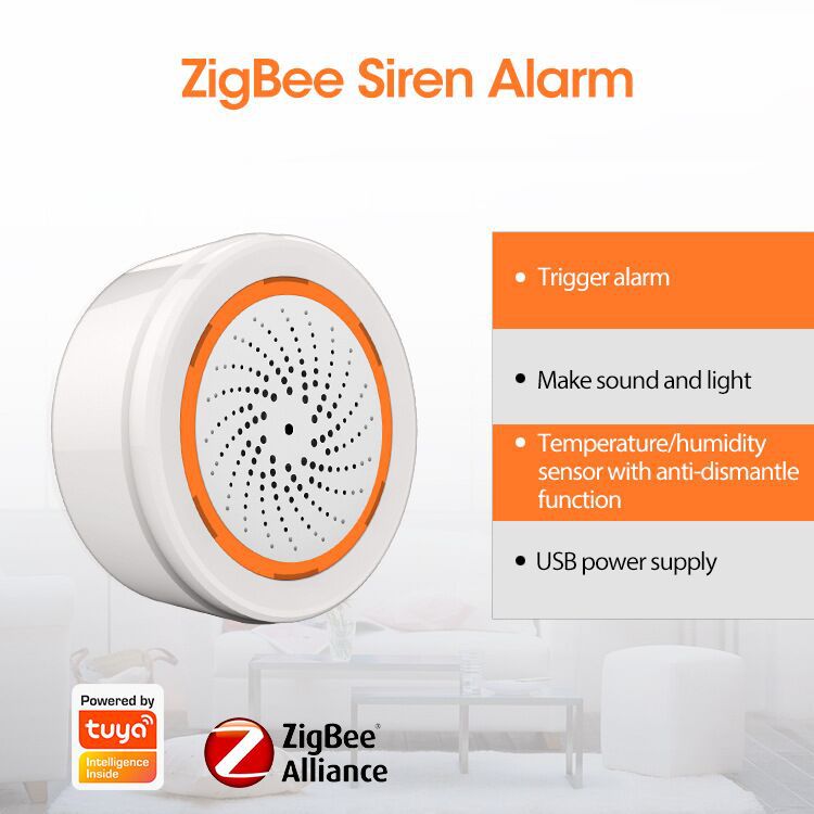 Zigbee/WiFi Slimme Sirene met Licht - Geluidsalarm - LED Waarschuwing - Temp & Luchtvochtigheid - USB - Tuya