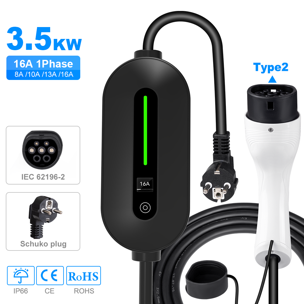 Mobiele EV lader 3.7kW Type 2 zwart Schuko plug & play